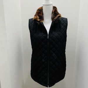 LAUREN RALPH LAUREN Size Large Black Puffer Vest Fur Trimmed Collar